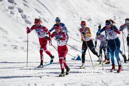 13.03.2021, Engadin, Switzerland (SUI): Katharina Hennig (GER), Therese Johaug (NOR), Nadine Faehndrich (SUI), (l-r) - FIS world cup cross-country, mass women, Engadin (SUI). www.nordicfocus.com. © Modica/NordicFocus. Every downloaded picture is fee-liable.