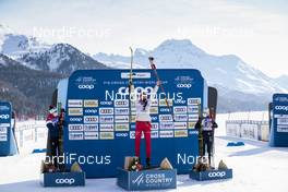 13.03.2021, Engadin, Switzerland (SUI): Heidi Weng (NOR), Yulia Stupak (RUS), Ebba Andersson (SWE), (l-r) - FIS world cup cross-country, mass women, Engadin (SUI). www.nordicfocus.com. © Modica/NordicFocus. Every downloaded picture is fee-liable.