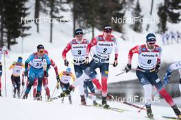 14.03.2021, Engadin, Switzerland (SUI): Jules Lapierre (FRA), Hans Christer Holund (NOR), Johannes Hoesflot Klaebo (NOR), Paal Golberg (NOR), (l-r)  - FIS world cup cross-country, pursuit men, Engadin (SUI). www.nordicfocus.com. © Modica/NordicFocus. Every downloaded picture is fee-liable.