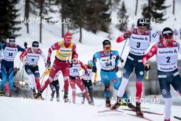 14.03.2021, Engadin, Switzerland (SUI): Paal Golberg (NOR), Jules Lapierre (FRA), Alexander Bolshunov (RUS), (l-r)  - FIS world cup cross-country, pursuit men, Engadin (SUI). www.nordicfocus.com. © Modica/NordicFocus. Every downloaded picture is fee-liable.