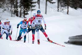 14.03.2021, Engadin, Switzerland (SUI): Harald Oestberg Amundsen (NOR), Simen Hegstad Krueger (NOR), Adrien Backscheider (FRA), (l-r)  - FIS world cup cross-country, pursuit men, Engadin (SUI). www.nordicfocus.com. © Modica/NordicFocus. Every downloaded picture is fee-liable.