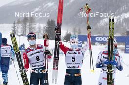 14.03.2021, Engadin, Switzerland (SUI): Hans Christer Holund (NOR), Simen Hegstad Krueger (NOR), Jens Burman (SWE), (l-r)  - FIS world cup cross-country, pursuit men, Engadin (SUI). www.nordicfocus.com. © Modica/NordicFocus. Every downloaded picture is fee-liable.
