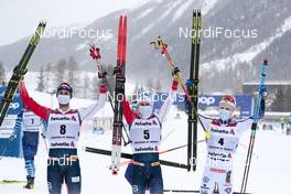 14.03.2021, Engadin, Switzerland (SUI): Hans Christer Holund (NOR), Simen Hegstad Krueger (NOR), Jens Burman (SWE), (l-r)  - FIS world cup cross-country, pursuit men, Engadin (SUI). www.nordicfocus.com. © Modica/NordicFocus. Every downloaded picture is fee-liable.