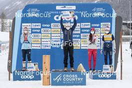 14.03.2021, Engadin, Switzerland (SUI): Jessie Diggins (USA), Ebba Andersson (SWE), Yulia Stupak (RUS), Maja Dahlqvist (SWE), (l-r)  - FIS world cup cross-country, pursuit women, Engadin (SUI). www.nordicfocus.com. © Modica/NordicFocus. Every downloaded picture is fee-liable.
