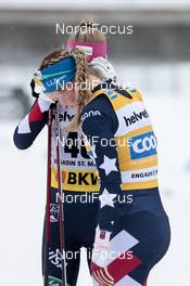 14.03.2021, Engadin, Switzerland (SUI): Sophia Laukli (USA), Jessie Diggins (USA), (l-r)  - FIS world cup cross-country, pursuit women, Engadin (SUI). www.nordicfocus.com. © Modica/NordicFocus. Every downloaded picture is fee-liable.