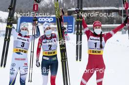 14.03.2021, Engadin, Switzerland (SUI): Ebba Andersson (SWE), Heidi Weng (NOR), Yulia Stupak (RUS), (l-r)  - FIS world cup cross-country, pursuit women, Engadin (SUI). www.nordicfocus.com. © Modica/NordicFocus. Every downloaded picture is fee-liable.