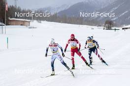 14.03.2021, Engadin, Switzerland (SUI): Ebba Andersson (SWE), Yulia Stupak (RUS), Jessie Diggins (USA), (l-r)  - FIS world cup cross-country, pursuit women, Engadin (SUI). www.nordicfocus.com. © Modica/NordicFocus. Every downloaded picture is fee-liable.