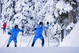 08.11.2021, Davos, Switzerland (SUI): Arnaud Chautemps (FRA), Tom Mancini (FRA) (l-r) - Cross-Country training, Snowfarming Track, Davos (SUI). www.nordicfocus.com. © Manzoni/NordicFocus. Every downloaded picture is fee-liable.