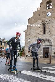 16.09.2021, Font-Romeu, France (FRA): Jean Marc Gaillard (FRA), Hugo Lapalus (FRA), (l-r) - Cross-Country training, Font-Romeu (FRA). www.nordicfocus.com. © Leo Authamayou/NordicFocus. Every downloaded picture is fee-liable.