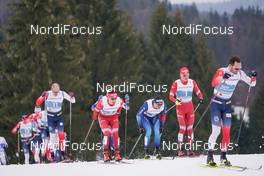 07.03.2021, Oberstdorf, Germany (GER): Paal Golberg (NOR), Evgeniy Belov (RSF), Dario Cologna (SUI), Alexander Bolshunov (RSF), Hans Christer Holund (NOR), (l-r)  - FIS nordic world ski championships cross-country, 50km men, Oberstdorf (GER). www.nordicfocus.com. © Thibaut/NordicFocus. Every downloaded picture is fee-liable.