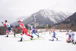 07.03.2021, Oberstdorf, Germany (GER): Hans Christer Holund (NOR), Alexey Chervotkin (RSF), Dario Cologna (SUI), Andrew Musgrave (GBR), Emil Iversen (NOR), William Poromaa (SWE), (l-r)  - FIS nordic world ski championships cross-country, 50km men, Oberstdorf (GER). www.nordicfocus.com. © Thibaut/NordicFocus. Every downloaded picture is fee-liable.