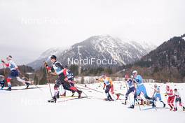 07.03.2021, Oberstdorf, Germany (GER): Simen Hegstad Krueger (NOR), Antoine Cyr (CAN), Lucas Boegl (GER), Maurice Manificat (FRA), Gus Schumacher (USA), Ilia Semikov (RSF), (l-r)  - FIS nordic world ski championships cross-country, 50km men, Oberstdorf (GER). www.nordicfocus.com. © Thibaut/NordicFocus. Every downloaded picture is fee-liable.
