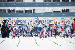 07.03.2021, Oberstdorf, Germany (GER): Hans Christer Holund (NOR), William Poromaa (SWE), Andrew Musgrave (GBR), Paal Golberg (NOR), Vitaliy Pukhkalo (KAZ), Michal Novak (CZE), Johan Haeggstroem (SWE), Jens Burman (SWE), (l-r)  - FIS nordic world ski championships cross-country, 50km men, Oberstdorf (GER). www.nordicfocus.com. © Modica/NordicFocus. Every downloaded picture is fee-liable.