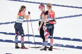 04.03.2021, Oberstdorf, Germany (GER): Rosie Brennan (USA), Sadie Maubet Bjornsen (USA), Hailey Swirbul (USA), (l-r)  - FIS nordic world ski championships cross-country, 4x5km women, Oberstdorf (GER). www.nordicfocus.com. © Modica/NordicFocus. Every downloaded picture is fee-liable.