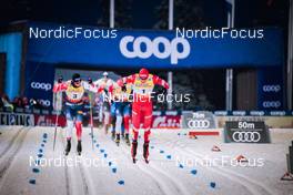 26.11.2021, Ruka, Finland (FIN): Johannes Hoesflot Klaebo (NOR), Haavard Solaas Taugboel (NOR), Erik Valnes (NOR), Alexander Terentev (RUS), (l-r)  - FIS world cup cross-country, individual sprint, Ruka (FIN). www.nordicfocus.com. © Modica/NordicFocus. Every downloaded picture is fee-liable.