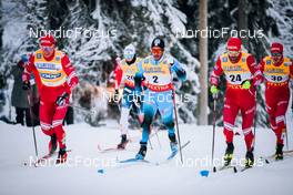 26.11.2021, Ruka, Finland (FIN): Aron Aakre Rysstad (NOR), Richard Jouve (FRA), Sergey Ustiugov (RUS), Gleb Retivykh (RUS), (l-r)  - FIS world cup cross-country, individual sprint, Ruka (FIN). www.nordicfocus.com. © Modica/NordicFocus. Every downloaded picture is fee-liable.