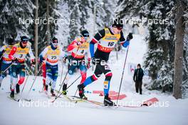 26.11.2021, Ruka, Finland (FIN): Johannes Hoesflot Klaebo (NOR), Lauri Mannila (FRA), Erik Valnes (NOR), Ludek Seller (CZE), (l-r)  - FIS world cup cross-country, individual sprint, Ruka (FIN). www.nordicfocus.com. © Modica/NordicFocus. Every downloaded picture is fee-liable.