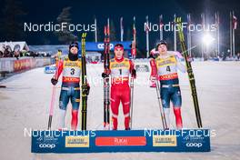 26.11.2021, Ruka, Finland (FIN): Johannes Hoesflot Klaebo (NOR), Alexander Terentev (RUS), Erik Valnes (NOR) - FIS world cup cross-country, individual sprint, Ruka (FIN). www.nordicfocus.com. © Modica/NordicFocus. Every downloaded picture is fee-liable.