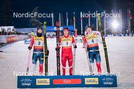 26.11.2021, Ruka, Finland (FIN): Johannes Hoesflot Klaebo (NOR), Alexander Terentev (RUS), Erik Valnes (NOR) - FIS world cup cross-country, individual sprint, Ruka (FIN). www.nordicfocus.com. © Modica/NordicFocus. Every downloaded picture is fee-liable.