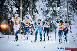26.11.2021, Ruka, Finland (FIN): Gustaf Berglund (SWE), Verneri Suhonen (FIN), Lucas Chanavat (FRA), James Clinton Schoonmnaker (USA), Joni Maki (FIN), Niilo Moilanen (FIN), (l-r)  - FIS world cup cross-country, individual sprint, Ruka (FIN). www.nordicfocus.com. © Modica/NordicFocus. Every downloaded picture is fee-liable.