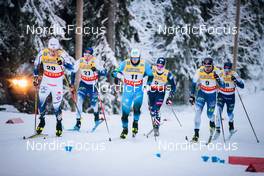 26.11.2021, Ruka, Finland (FIN): Gustaf Berglund (SWE), Verneri Suhonen (FIN), Lucas Chanavat (FRA), James Clinton Schoonmnaker (USA), Joni Maki (FIN), Niilo Moilanen (FIN), (l-r)  - FIS world cup cross-country, individual sprint, Ruka (FIN). www.nordicfocus.com. © Modica/NordicFocus. Every downloaded picture is fee-liable.