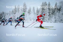 28.11.2021, Ruka, Finland (FIN): David Norris (USA), Fredrik Andersson (SWE), Jonas Baumann (SUI), Lauri Lepisto (FIN), Thomas Bing (GER), Dominik Bury (POL), (l-r)  - FIS world cup cross-country, pursuit men, Ruka (FIN). www.nordicfocus.com. © Modica/NordicFocus. Every downloaded picture is fee-liable.