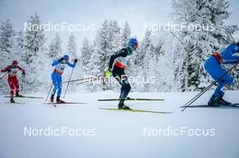 28.11.2021, Ruka, Finland (FIN): Andrey Larkov (RUS), Federico Pellegrino (ITA), Jonas Dobler (GER), Francesco De Fabiani (ITA), (l-r)  - FIS world cup cross-country, pursuit men, Ruka (FIN). www.nordicfocus.com. © Modica/NordicFocus. Every downloaded picture is fee-liable.