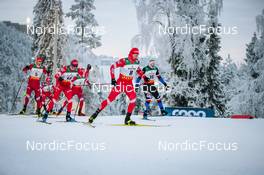 28.11.2021, Ruka, Finland (FIN): Sergey Ustiugov (RUS), Ilia Semikov (RUS), Artem Maltsev (RUS), Alexander Bolshunov (RUS), Ivan Yakimushkin (RUS), Michal Novak (CZE), (l-r)  - FIS world cup cross-country, pursuit men, Ruka (FIN). www.nordicfocus.com. © Modica/NordicFocus. Every downloaded picture is fee-liable.
