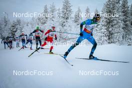 28.11.2021, Ruka, Finland (FIN): Roman Furger (SUI), Janosch Brugger (GER), David Norris (USA), Fredrik Andersson (SWE), Jonas Baumann (SUI), Lauri Lepisto (FIN), Thomas Bing (GER), Dominik Bury (POL), Clement Parisse (FRA), (l-r)  - FIS world cup cross-country, pursuit men, Ruka (FIN). www.nordicfocus.com. © Modica/NordicFocus. Every downloaded picture is fee-liable.