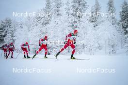 28.11.2021, Ruka, Finland (FIN): Ilia Semikov (RUS), Alexander Bolshunov (RUS), Alexey Chervotkin (RUS), Ivan Yakimushkin (RUS), Sergey Ustiugov (RUS), (l-r)  - FIS world cup cross-country, pursuit men, Ruka (FIN). www.nordicfocus.com. © Modica/NordicFocus. Every downloaded picture is fee-liable.