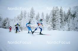 28.11.2021, Ruka, Finland (FIN): Andrey Larkov (RUS), Jonas Dobler (GER), Francesco De Fabiani (ITA), Leo Johansson (SWE), (l-r)  - FIS world cup cross-country, pursuit men, Ruka (FIN). www.nordicfocus.com. © Modica/NordicFocus. Every downloaded picture is fee-liable.