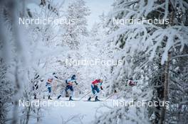 28.11.2021, Ruka, Finland (FIN): Gus Schumacher (USA), Andrew Young (GBR), Remi Lindholm (FIN), Andrew Musgrave (GBR), (l-r)  - FIS world cup cross-country, pursuit men, Ruka (FIN). www.nordicfocus.com. © Modica/NordicFocus. Every downloaded picture is fee-liable.