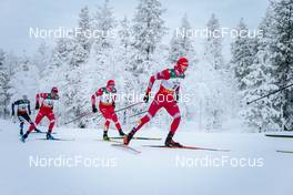 28.11.2021, Ruka, Finland (FIN): Michal Novak (CZE), Artem Maltsev (RUS), Ilia Semikov (RUS), Alexander Bolshunov (RUS), (l-r)  - FIS world cup cross-country, pursuit men, Ruka (FIN). www.nordicfocus.com. © Modica/NordicFocus. Every downloaded picture is fee-liable.
