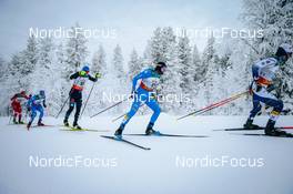 28.11.2021, Ruka, Finland (FIN): Andrey Larkov (RUS), Federico Pellegrino (ITA), Jonas Dobler (GER), Francesco De Fabiani (ITA), Leo Johansson (SWE), (l-r)  - FIS world cup cross-country, pursuit men, Ruka (FIN). www.nordicfocus.com. © Modica/NordicFocus. Every downloaded picture is fee-liable.