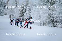 28.11.2021, Ruka, Finland (FIN): Russell Kennedy (CAN), Calle Halfvarsson (SWE), Friedrich Moch (GER), Andrew Musgrave (GBR), Mika Vermeulen (AUT), Leo Johansson (SWE), (l-r)  - FIS world cup cross-country, pursuit men, Ruka (FIN). www.nordicfocus.com. © Modica/NordicFocus. Every downloaded picture is fee-liable.
