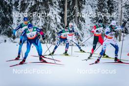 28.11.2021, Ruka, Finland (FIN): Martin Himma (EST), Zanden Mcmullen (USA), Gustaf Berglund (SWE), Naoto Baba (JPN), Eric Rosjoe (SWE), (l-r)  - FIS world cup cross-country, pursuit men, Ruka (FIN). www.nordicfocus.com. © Modica/NordicFocus. Every downloaded picture is fee-liable.
