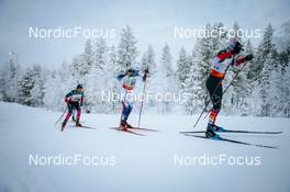 28.11.2021, Ruka, Finland (FIN): Olivier Leveille (CAN), Calle Halfvarsson (SWE), Thomas Bing (GER), (l-r)  - FIS world cup cross-country, pursuit men, Ruka (FIN). www.nordicfocus.com. © Modica/NordicFocus. Every downloaded picture is fee-liable.
