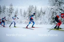 28.11.2021, Ruka, Finland (FIN): Jason Rueesch (SUI), Gustaf Berglund (SWE), Candide Pralong (SUI), Naoto Baba (JPN), (l-r)  - FIS world cup cross-country, pursuit men, Ruka (FIN). www.nordicfocus.com. © Modica/NordicFocus. Every downloaded picture is fee-liable.