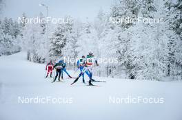 28.11.2021, Ruka, Finland (FIN): Andrey Larkov (RUS), Jonas Dobler (GER), Francesco De Fabiani (ITA), Leo Johansson (SWE), (l-r)  - FIS world cup cross-country, pursuit men, Ruka (FIN). www.nordicfocus.com. © Modica/NordicFocus. Every downloaded picture is fee-liable.