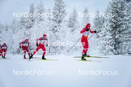 28.11.2021, Ruka, Finland (FIN): Ilia Semikov (RUS), Alexander Bolshunov (RUS), Alexey Chervotkin (RUS), Ivan Yakimushkin (RUS), (l-r)  - FIS world cup cross-country, pursuit men, Ruka (FIN). www.nordicfocus.com. © Modica/NordicFocus. Every downloaded picture is fee-liable.
