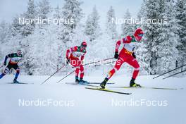 28.11.2021, Ruka, Finland (FIN): Michal Novak (CZE), Artem Maltsev (RUS), Ilia Semikov (RUS), (l-r)  - FIS world cup cross-country, pursuit men, Ruka (FIN). www.nordicfocus.com. © Modica/NordicFocus. Every downloaded picture is fee-liable.