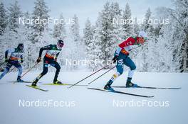28.11.2021, Ruka, Finland (FIN): Remi Lindholm (FIN), Friedrich Moch (GER), Andrew Musgrave (GBR), (l-r)  - FIS world cup cross-country, pursuit men, Ruka (FIN). www.nordicfocus.com. © Modica/NordicFocus. Every downloaded picture is fee-liable.