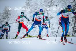 28.11.2021, Ruka, Finland (FIN): Zanden Mcmullen (USA), Naoto Baba (JPN), Jason Rueesch (SUI), Ville Ahonen (FIN), Candide Pralong (SUI), (l-r)  - FIS world cup cross-country, pursuit men, Ruka (FIN). www.nordicfocus.com. © Modica/NordicFocus. Every downloaded picture is fee-liable.