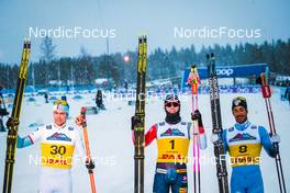 03.12.2021, Lillehammer, Norway (NOR): Thomas Helland Larsen (NOR), Johannes Hoesflot Klaebo (NOR), Richard Jouve (FRA), (l-r) - FIS world cup cross-country, individual sprint, Lillehammer (NOR). www.nordicfocus.com. © Modica/NordicFocus. Every downloaded picture is fee-liable.
