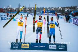 03.12.2021, Lillehammer, Norway (NOR): Thomas Helland Larsen (NOR), Johannes Hoesflot Klaebo (NOR), Richard Jouve (FRA), (l-r) - FIS world cup cross-country, individual sprint, Lillehammer (NOR). www.nordicfocus.com. © Modica/NordicFocus. Every downloaded picture is fee-liable.