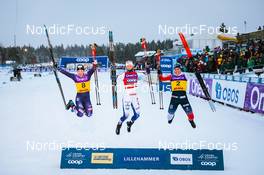 03.12.2021, Lillehammer, Norway (NOR): Jessie Diggins (USA), Maja Dahlqvist (SWE), Emma Ribom (SWE), (l-r) - FIS world cup cross-country, individual sprint, Lillehammer (NOR). www.nordicfocus.com. © Modica/NordicFocus. Every downloaded picture is fee-liable.