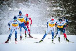 03.12.2021, Lillehammer, Norway (NOR): Marcus Grate (SWE), Juuso Haarala (FIN), Gleb Retivykh (RUS), Johan Haeggstroem (SWE), Sindre Bjoernestad Skar (NOR), James Clinton Schoonmaker (USA), (l-r)  - FIS world cup cross-country, individual sprint, Lillehammer (NOR). www.nordicfocus.com. © Modica/NordicFocus. Every downloaded picture is fee-liable.