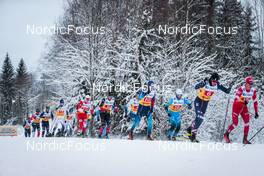 05.12.2021, Lillehammer, Norway (NOR): Hunter Wonders (USA), Fredrik Andersson (SWE), Kamil Bury (POL), Russell Kennedy (CAN), Paolo Ventura (ITA), Beda Klee (SUI), Jean Gaillard (Marc), Luke Jager (USA), Alexander Terentev (RUS), Jonas Dobler (GER), Hugo Lapalus (FRA), Erik Valnes (NOR), Alexey Chervotkin (RUS), (l-r)  - FIS world cup cross-country, 4x7.5km men, Lillehammer (NOR). www.nordicfocus.com. © Modica/NordicFocus. Every downloaded picture is fee-liable.