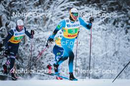 05.12.2021, Lillehammer, Norway (NOR): Ben Ogden (USA), Lauri Lepisto (FIN), Maurice Manificat (FRA), (l-r)  - FIS world cup cross-country, 4x7.5km men, Lillehammer (NOR). www.nordicfocus.com. © Modica/NordicFocus. Every downloaded picture is fee-liable.