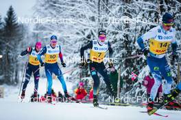 05.12.2021, Lillehammer, Norway (NOR): Gus Schumacher (USA), Candide Pralong (SUI), Friedrich Moch (GER), Juuso Haarala (FIN), (l-r)  - FIS world cup cross-country, 4x7.5km men, Lillehammer (NOR). www.nordicfocus.com. © Modica/NordicFocus. Every downloaded picture is fee-liable.